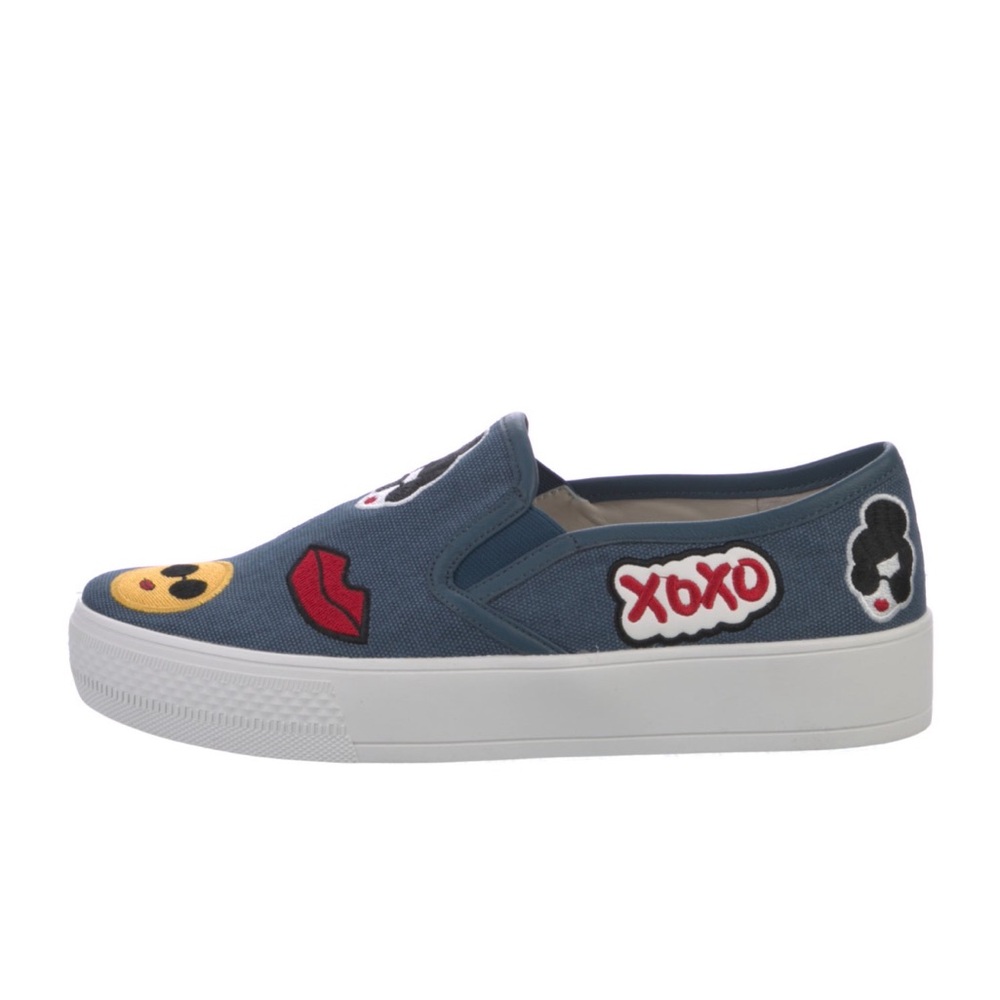 Alice + Olivia Blue Emoji Patch & Screen Printed Denim Canvas Slip-On Sneakers